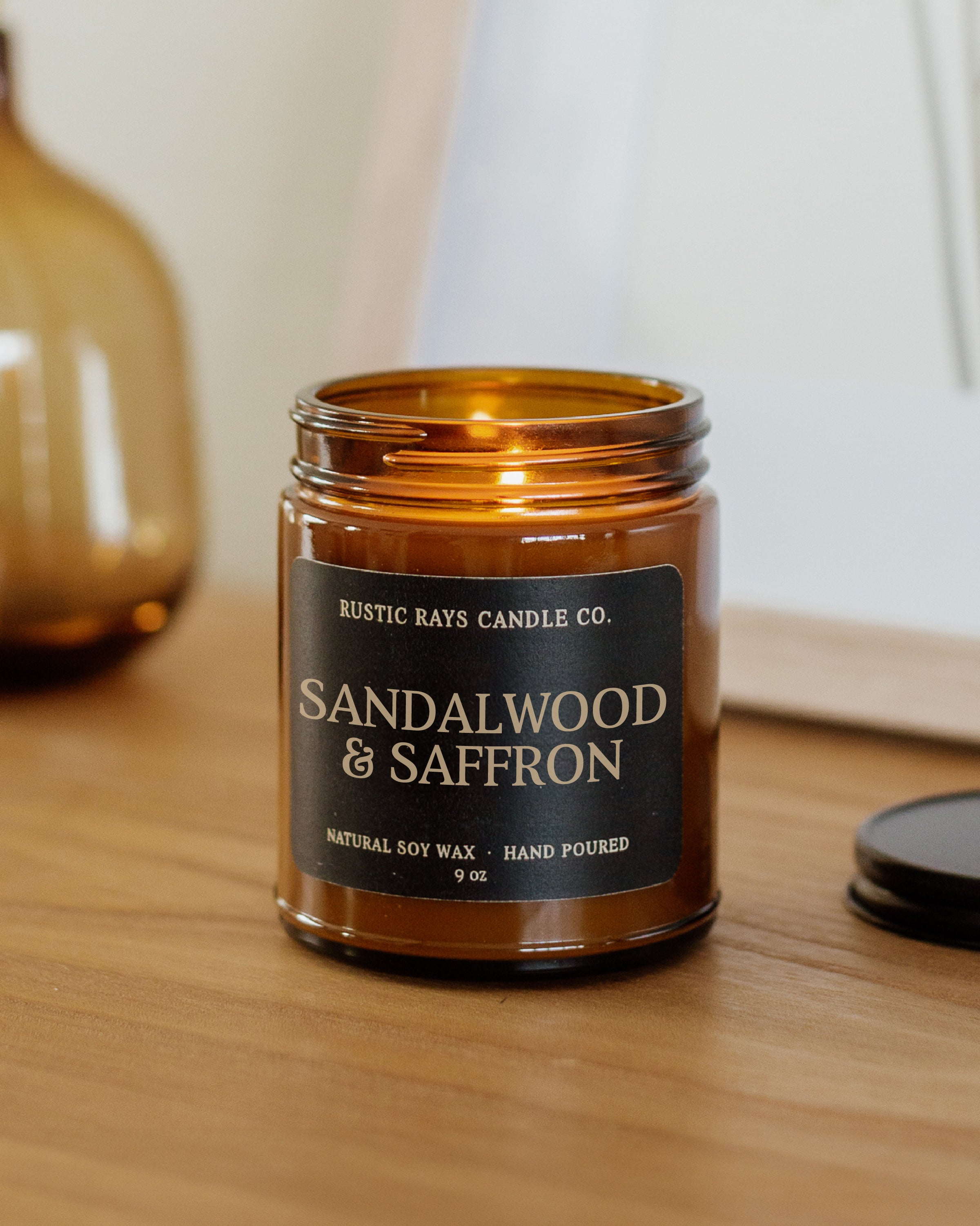 Sandalwood & Saffron Candle | 9 oz Amber Jar – Rustic Rays Candle Co.