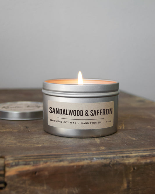 Sandalwood & Saffron | 6 oz Single Wick Soy Candle | Tin